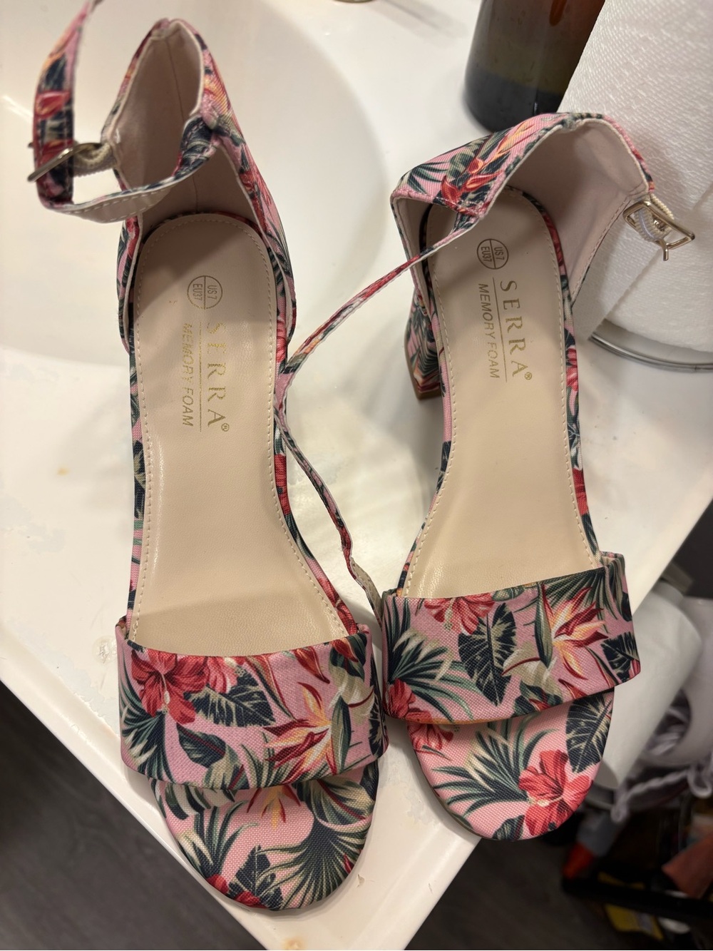 Serra Pink Floral Ankle-Strap Block Heel Sandals